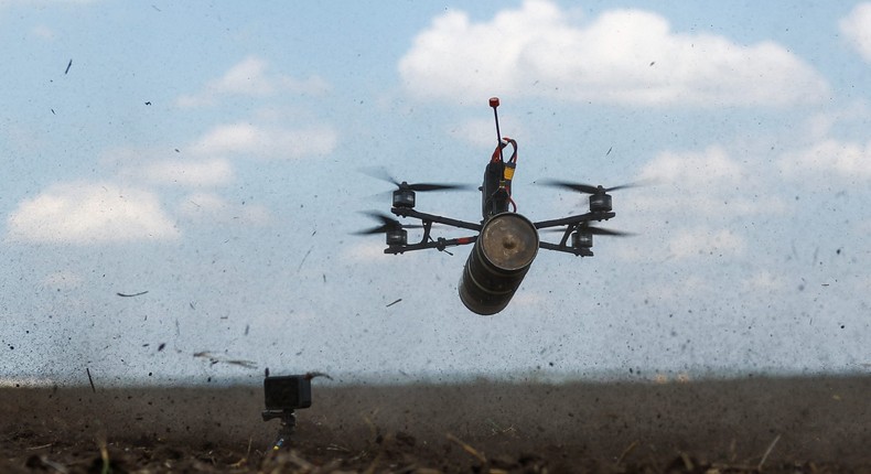 An FPV drone of Ukraine's 28th Separate Mechanized Brigade is seen in air during a test flight at a training ground on May 3, 2024.REUTERS/Valentyn Ogirenko