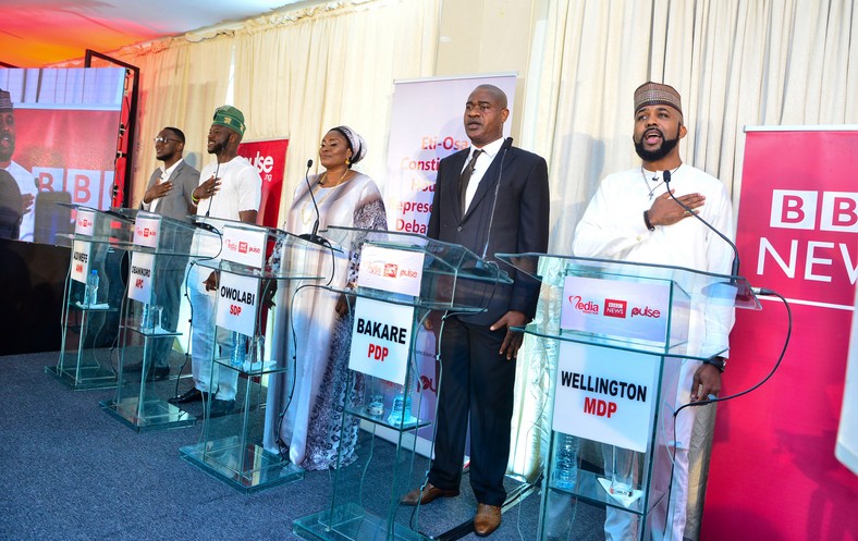 L-R: Ferdinand Adimefe of the Alliance for New Nigeria (ANN), Babajide Obanikoro of the All Progressives Congress (APC), Tessy Owolabi of the Social Democratic Party (SDP), Omotesho Bakare of the Peoples Democratic Party (PDP) and Olubankole Wellington of the Modern Democratic Party (MDP) at a debate for candidates contesting for the Eti-Osa constituency seat in the House of Representatives 