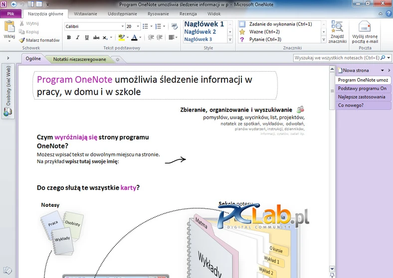 MS OneNote 2010 – rozwinięta wstążka (kliknij, aby powiększyć)