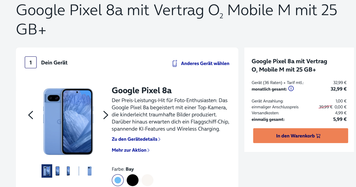 291 euros cheaper: Google Pixel 8a in the O2 tariff bundle