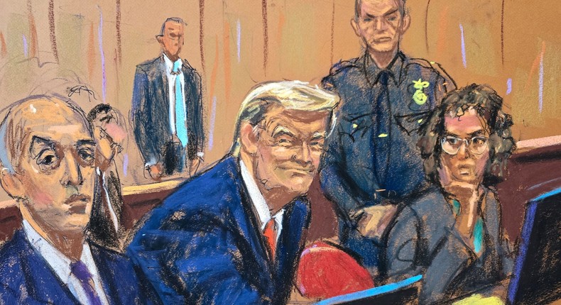 Donald Trump is flanked by attorneys Emil Bove and Susan Necheles at Monday's pretrial hearing in his Manhattan hush money case.Jane Rosenberg/Insider