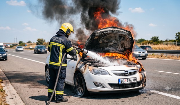 Vatrigasci, zapaljen automobil, ilustracija (fotografija je napravljena uz pomoć veštačke inteligencije)