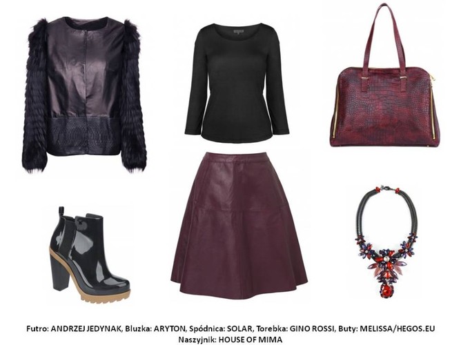 Futro: Andrzej Jedynak 6 000 pln Bluzka: Aryton 249 pln Spódnica: Solar 799 pln Torebka: Gino Rossi 699 pln Buty: Melissa/Hegos.eu Naszyjnik: House Of Mima 79 pln