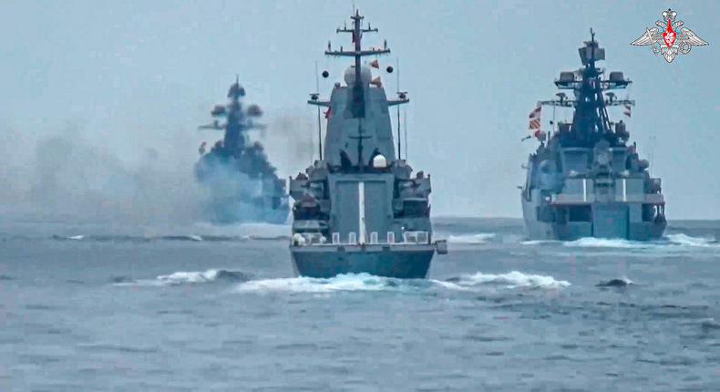 In this photo released by Russian Defense Ministry Press Service on Friday, July 21,2023, warships of the Russian Black Sea Fleet sail while taking part in naval drills in the Black Sea.Russian Defense Ministry Press Service via AP