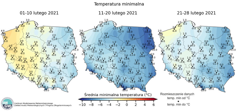 Prognoza długoterminowa na luty 2021. Temperatura minimalna