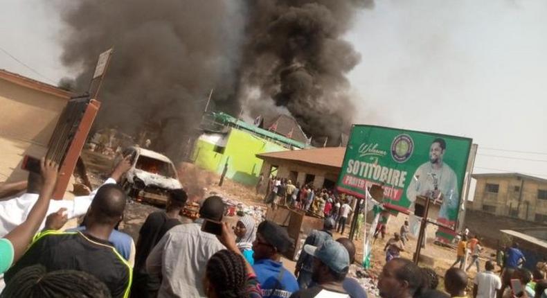 Sotitobire Miracle Church in Akure, Ondo, was set on fire after the corpse of a year old boy declared missing in the church was exhumed. [BBC]