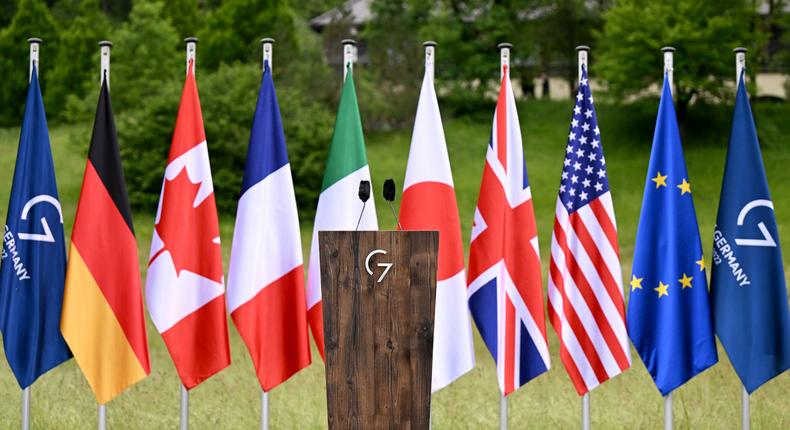 The flags of the G7 countries, and the European Union.