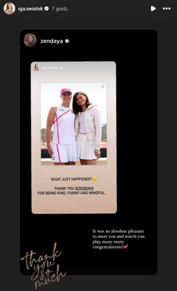 Zendaya gratuluje Idze Świątek zwycięstwa (screen z Instagrama)