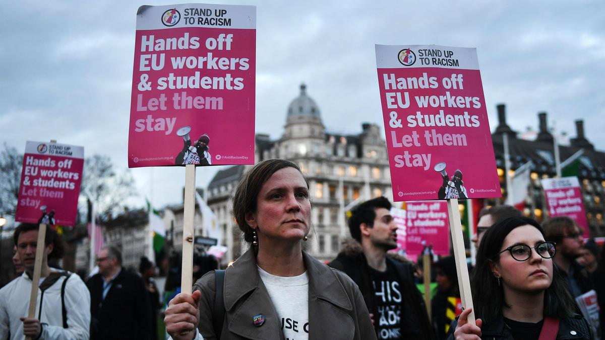 EU citizens protest outside parliament as parliament votes on final Brexit Bill