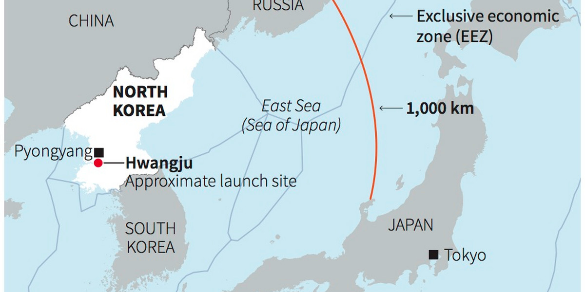 North Korea's first missile that landed in or near Japanese-controlled waters.