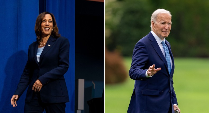 Allan Lichtman, historian who predicted the last 9 out of 10 elections, said Kamala Harris could only help Democrats if Joe Biden stepped down from the presidency now.Kent Nishimura / Los Angeles Times and Andrew Harnik/Getty Images