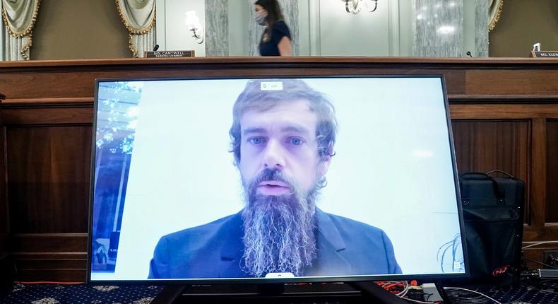 Jack Dorsey appearing on-screen at the hearing.
