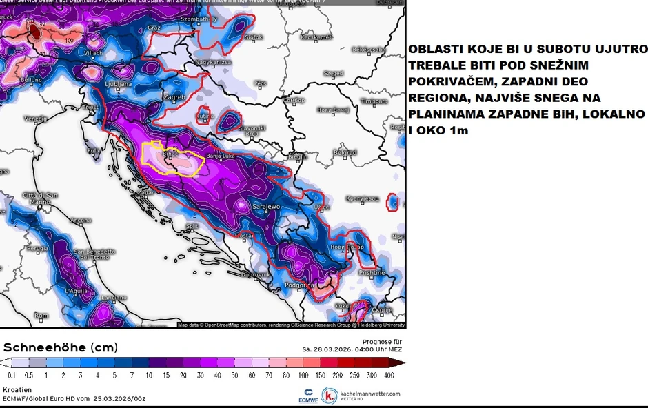 Mesta koje bi u subotu ujutru osvanule pod snegom