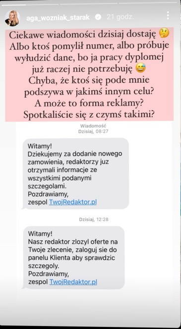 Widok InstaStories zamieszczonego na profilu Agnieszki Woźniak-Starak na Instagramie