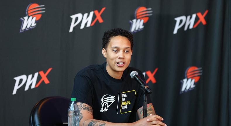 Griner wears a Bring Our Families Home shirt during her first press conference since returning home from Russia.Mark J. Rebilas-USA TODAY Sports