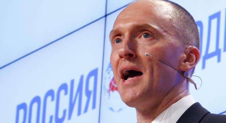 One-time advisor of U.S. president-elect Donald Trump Carter Page addresses the audience during a presentation in Moscow, Russia, December 12, 2016.