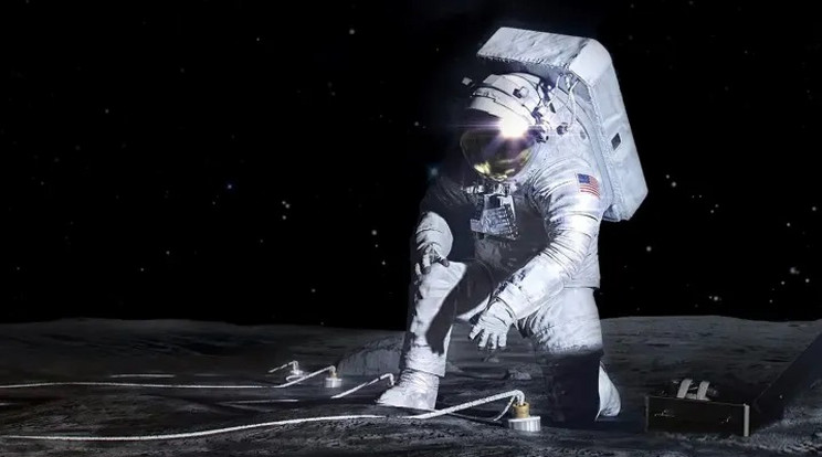 Művészi elképzelés egy Artemis-űrhajósról, amint éppen egy műszert helyez üzembe a holdfelszínen / Fotó: NASA