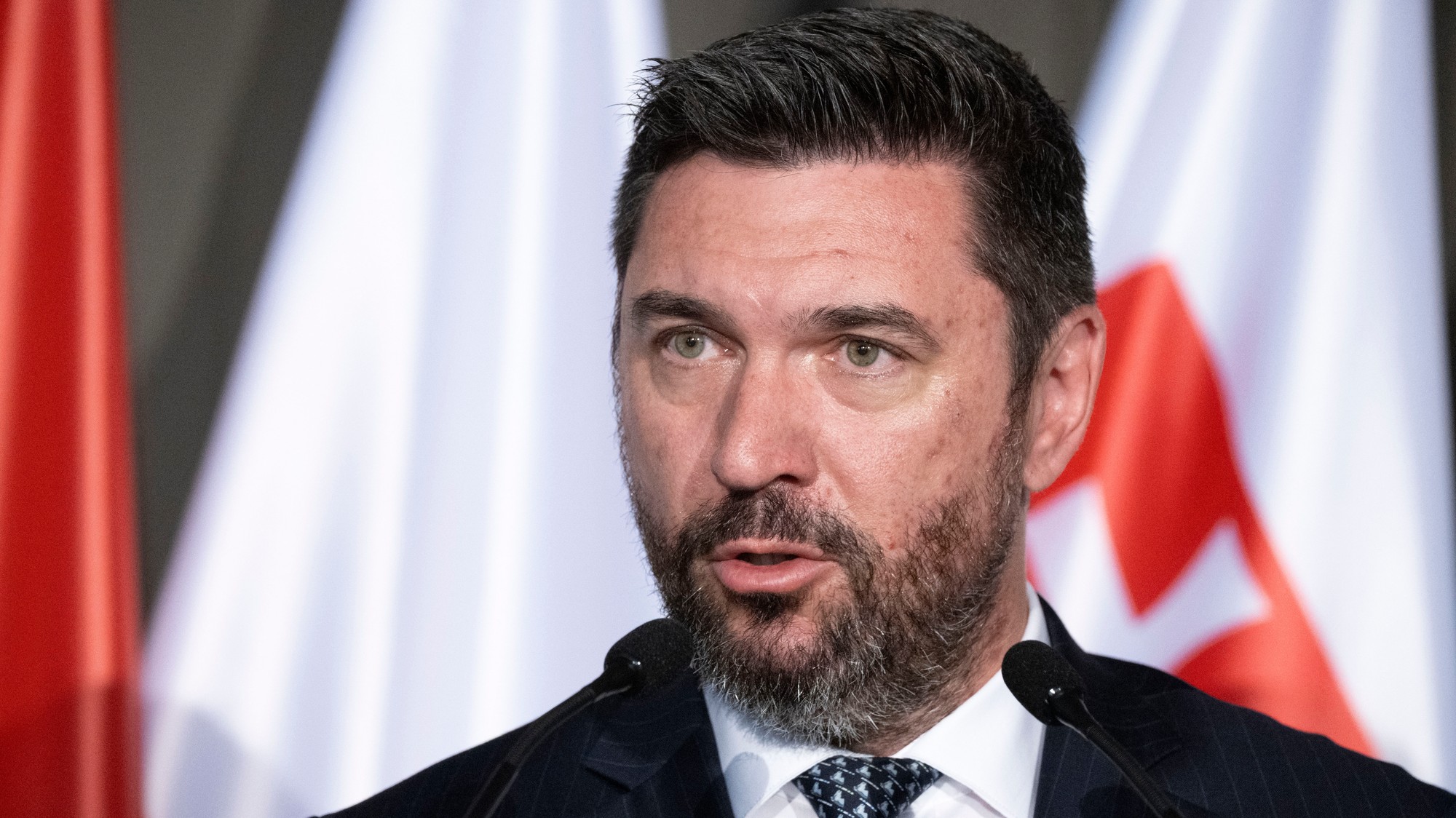 Minister pôdohospodárstva a rozvoja vidieka SR Richard Takáč hovorí počas tlačovej konferencie po stretnutí agroministrov a štátnych tajomníkov rezortov pôdohospodárstva Vyšehradskej štvorky (V4)+4 spolu s Bulharskom, Chorvátskom, Rumunskom a Slovinskom v maďarskom Balatonfürede.