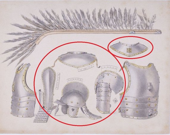 Zbroja husarska i zaznaczone elementy znalezione w Mikułowicach