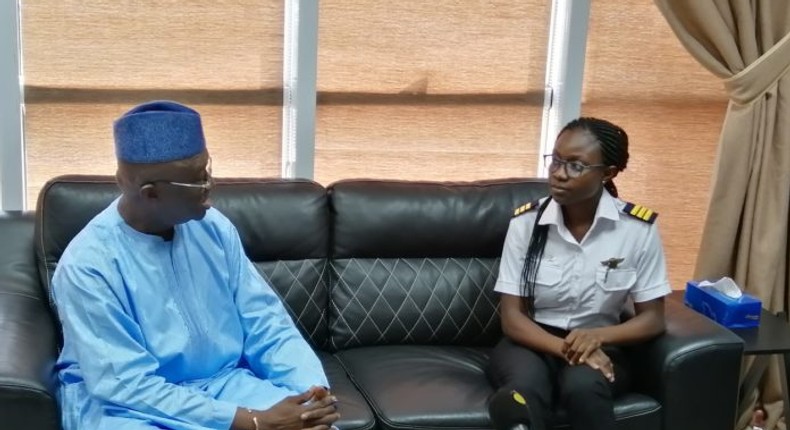 Ghana's Aviation Minister Joseph Kofi Adda with Audrey Esi Swatson youngest Ghanaian female pilot