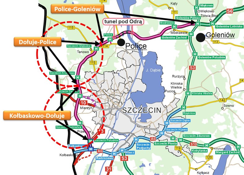 Mapa Zachodniej Obwodnicy Szczecina w ciągu S6 z zaznaczeniem odcinków, dla których znamy ofert