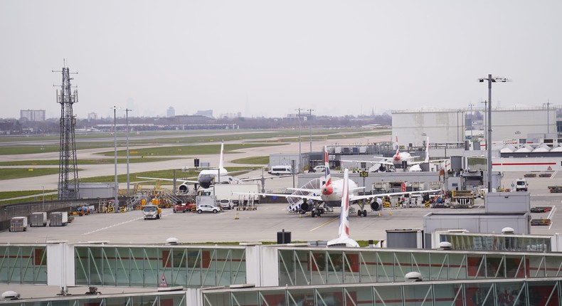 Planes stand idle at Terminal 5 after the closure of Heathrow Airport.James Manning/PA/Getty Images