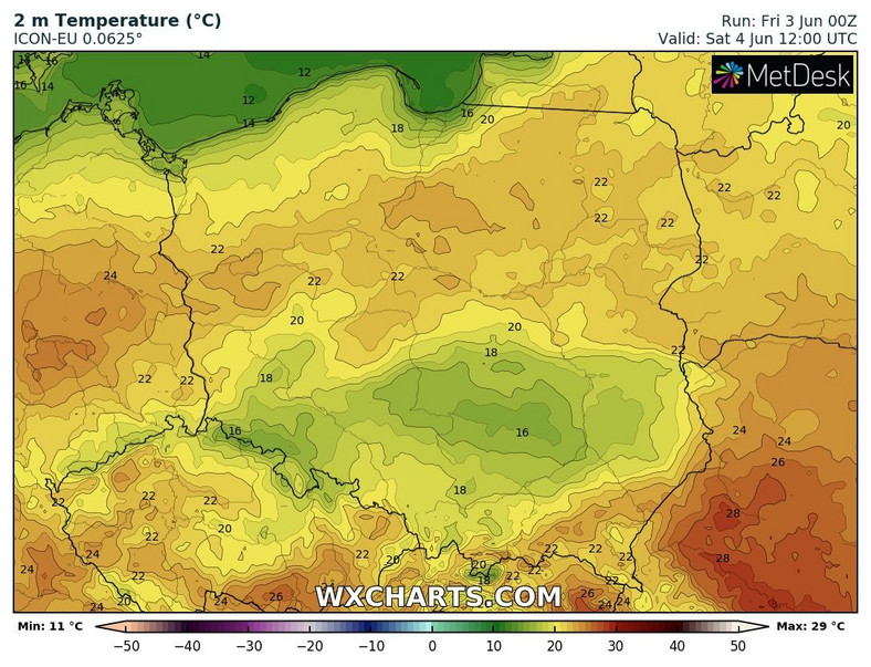 W strefie opadów oraz nad morzem temperatura spadnie poniżej 20 st. C