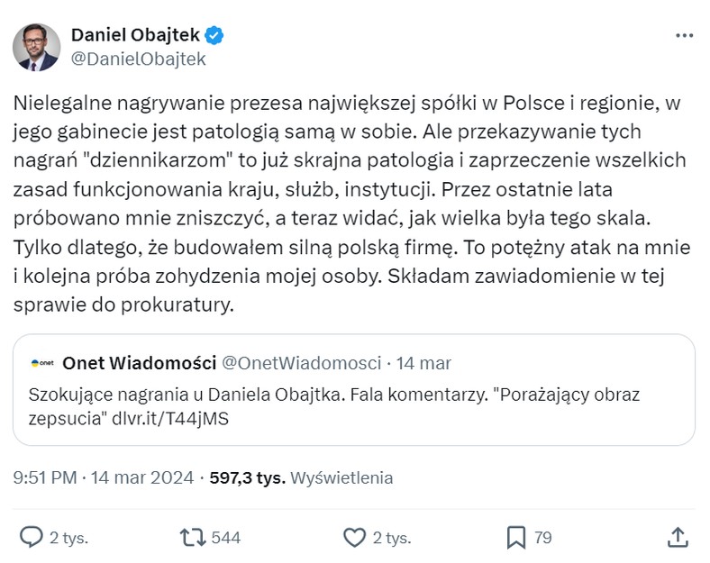 Daniel Obajtek na Twitterze ocenił ostatnie publikacje Onetu jako element nagonki na swoją osobę. Rozmawiać z nami jednak nie chciał. Źródło: Twitter/X