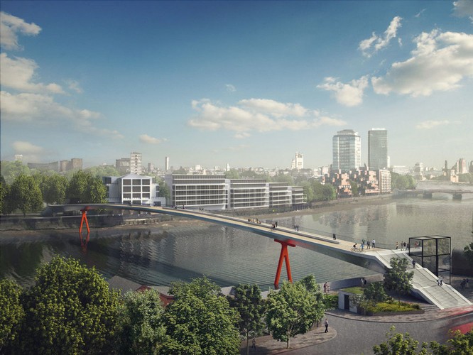 Pozornie nudna i płaska kładka. Ale tylko z góry. Bo w nurcie rzeki most stoi na dwóch awangardowych, czerwonych podporach w kształcie odwróconej litery V. Po obu stronach prowadzą nań schody. Obok nich architekt umieścił też windy schowane w konstrukcji z przeszklonych sześcianów.