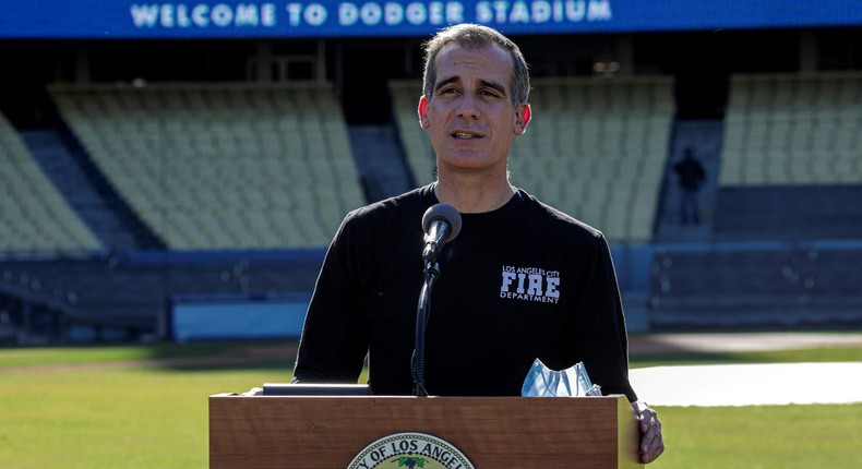 Mayor Eric Garcetti addresses a news conference held at the launch of mass COVID-19 vaccination site at Dodger Stadium in Los Angeles, California, U.S., January 15, 2021.
