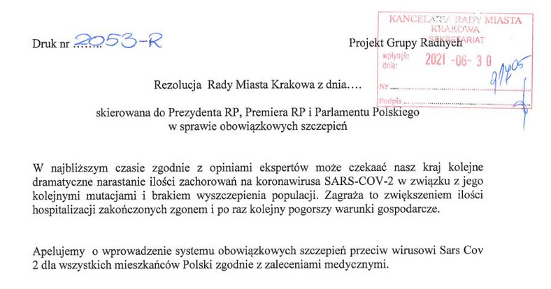 Rezolucja przegłosowana przez krakowskich radnych