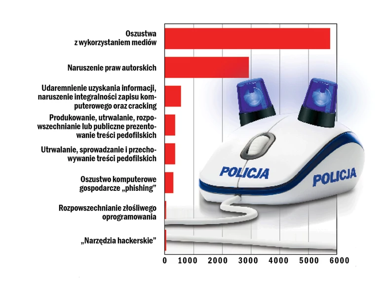 Oszustwa to jedne z najpopularniejszych przestępst dokonywanych w sieci. Powyższy wykres obrazuje liczbę wszczętych przez policję postępowań przeciwko łamaniu prawa w internecie w roku 2009. Źródło: di.com.pl, Policja.