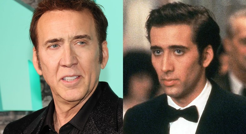 Nicolas Cage at the New York Renfield premiere and as Ronny Cammareri in Moonstruck.Dia Dipasupil/Getty Images/MGM