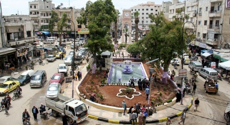 A picture taken in May 2017 shows a general view of a square in the northern Syrian city of Idlib