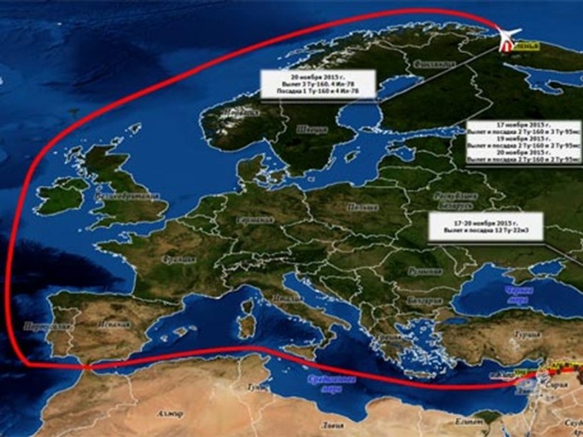 Mapa puta koji su prešli ruski bombarderi
