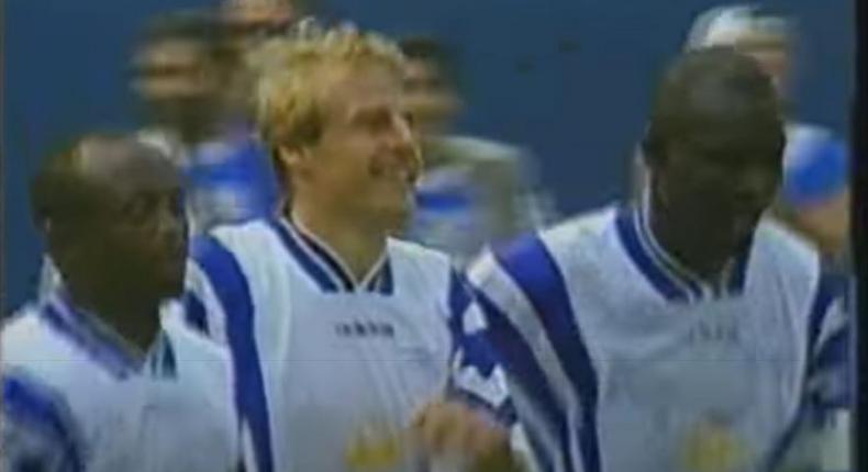 Klinsmann celebrates with Abedi Pele and Weah after the equaliser
