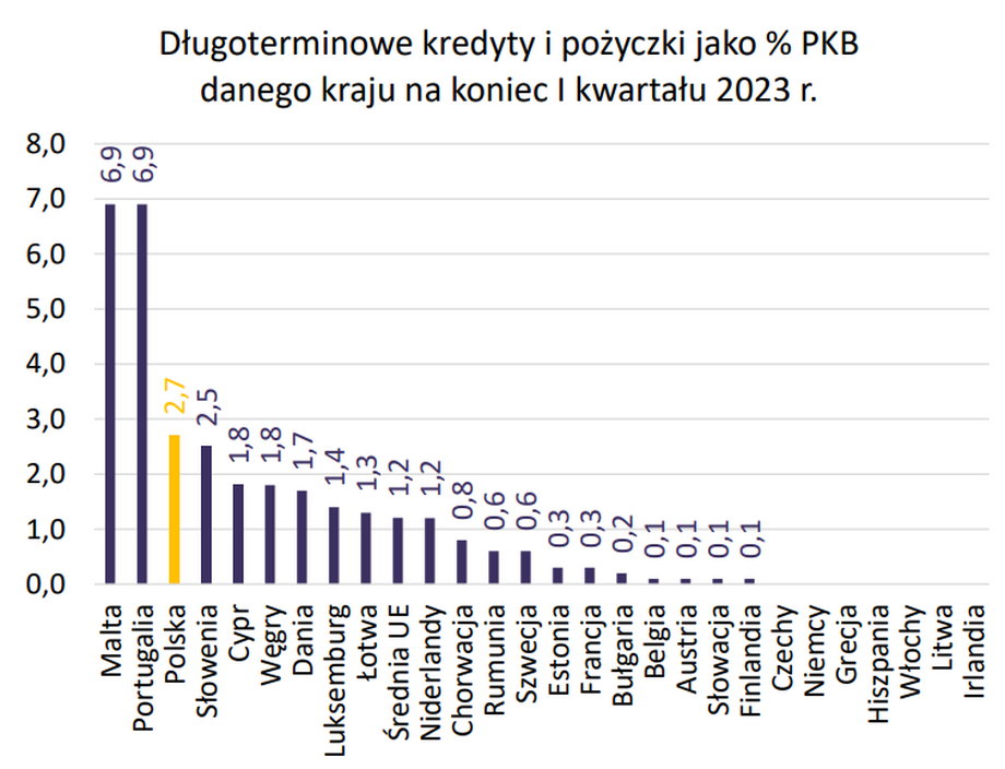 Kredyty i pożyczki długoterminowe stanowią dużą część PKB Polski. Większą niż w innych krajach z wyjątkiem dwóch