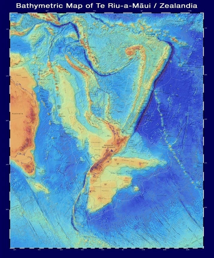 A bathymetric map of New Zealandia, which shows the shape of the continent under the water.