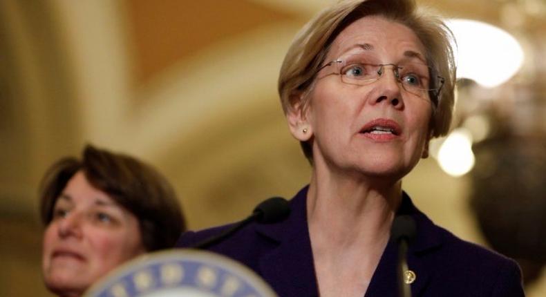 Sen. Elizabeth Warren (D-MA) speaks with the media following the Democratic policy luncheon on Capitol Hill in Washington