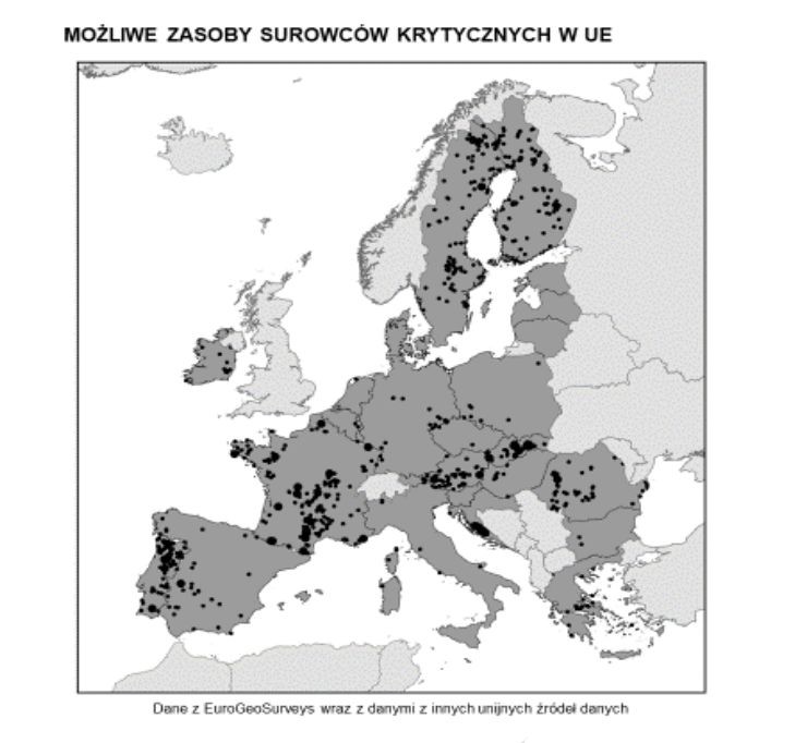 Możliwe zasoby surowców krytycznych w UE. Źródło: Informacja KE z 3.09.2020