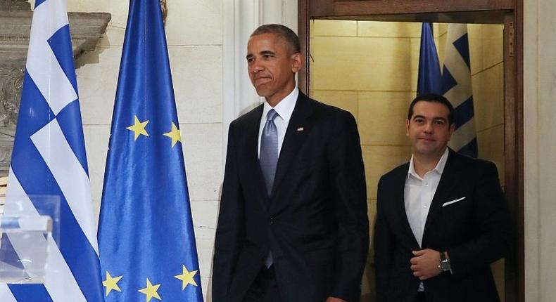 US President Barack Obama (left) and Greek Prime Minister Alexis Tsipras arrive to hold a press conference in Athens on November 15, 2016