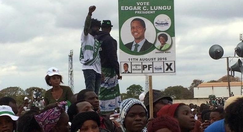 Supporters of Edgar Lungu, leader of the Patriotic Front party (PF), gather during a rally ahead of Thursday's presidential elections in the capital, Lusaka, Zambia August 10, 2016. 