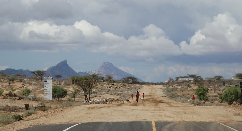 The end of an asphalt road at the junction of Samburu County and Marsabit County in northern Kenya