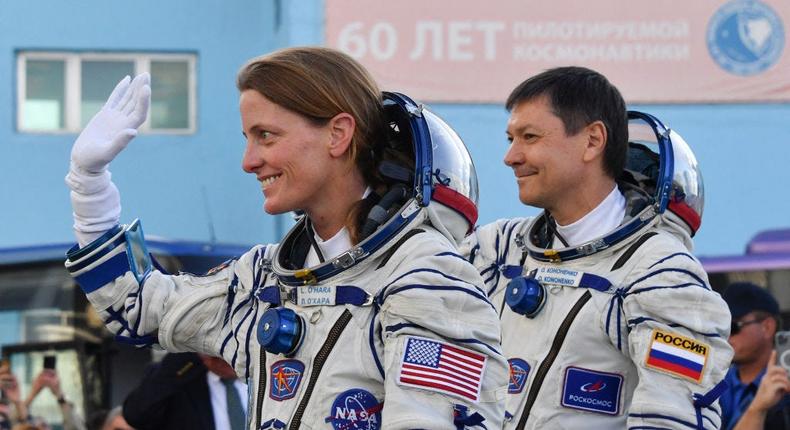 NASA astronaut Loral O'Hara and Roscosmos cosmonaut Oleg Kononenko, members of the International Space Station Expedition 70-71 main crew, on September 15, 2023.VYACHESLAV OSELEDKO via Getty Images