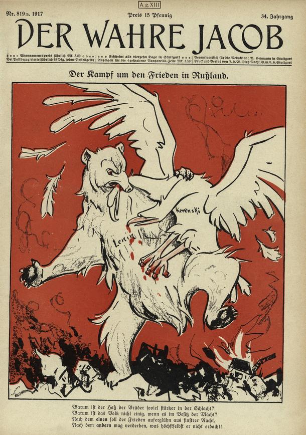 Lenin kontra Kiereński, karykatura na pierwszej stronie „Der Wahre Jacob, 1917 r.