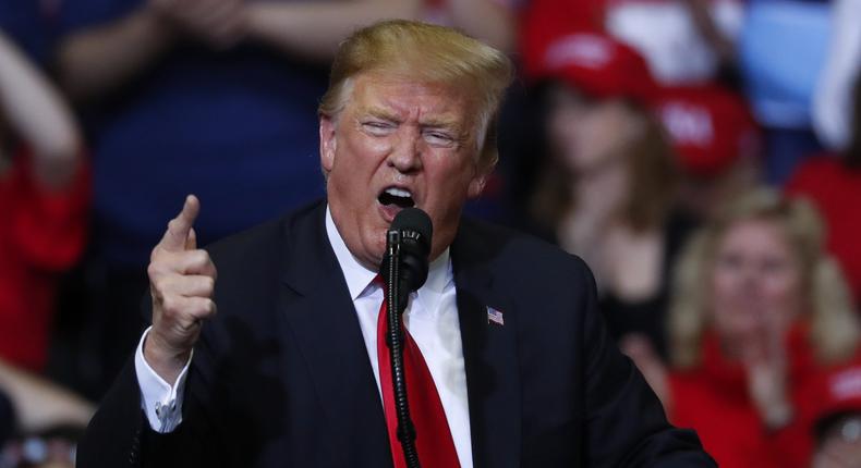 FILE - In this March 28, 2019, file photo, President Donald Trump speaks during a rally in Grand Rapids, Mich. Political nerds, start your streaming devices. Youve got a big Saturday night of programming ahead. President Donald Trump rolls out his complete and total exoneration tour in battleground Wisconsin, his first campaign rally since the release of the Mueller report and an early look at his 2020 re-election strategy.(AP Photo/Paul Sancya, File)