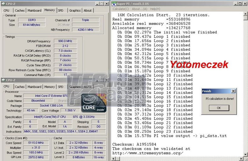 Na płycie Gigabyte GA-EX58-Extreme udało się przeliczyć próbkę 16M przy zegarze procesora 5115 MHz