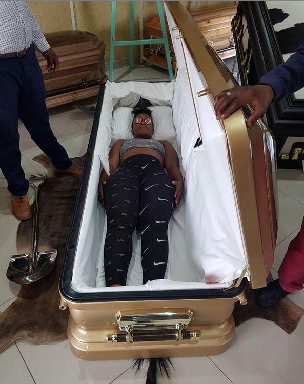 Controversial socialite causes stir after sharing photos in coffin 