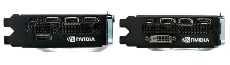 Pod względem wyposażenia w porty wideo nieco lepiej wypada GeForce RTX 2070 Super (z lewej). Niemniej obie konstrukcje mają wystarczającą liczbę i typ gniazd wideo