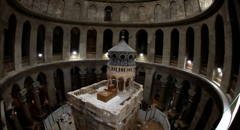 The Edicule in Jerusalem's Church of the Holy Sepulchre, pictured on March 20, 2017 after its restoration